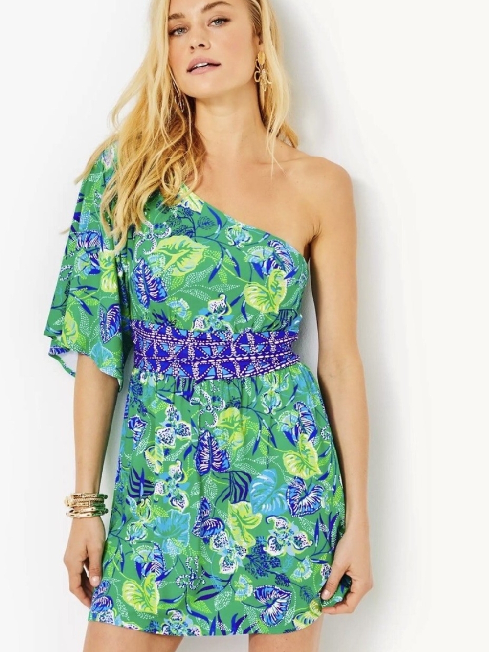 Lilly Pulitzer Niki One-Shoulder Romper in  Botanical Green "In a Flutter"
